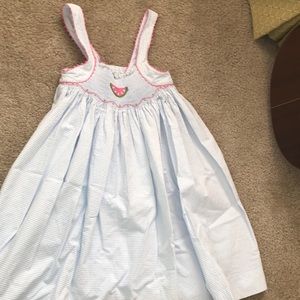 Blue seersucker watermelon smocked dress
